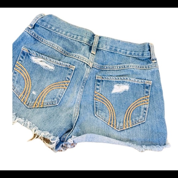 HOLLISTER Rainbow Pastel Trim Distressed Shorts With Pockets Jean Blue Size 3/26 - Picture 7 of 9